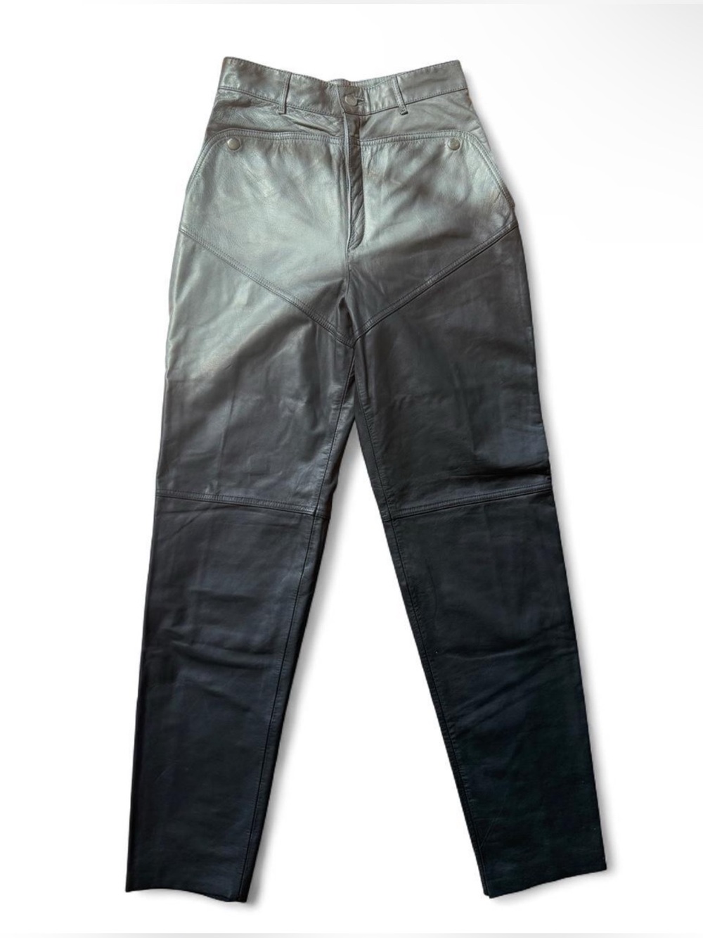 Leather paneled vintage pants with unique snap button pocket fronts